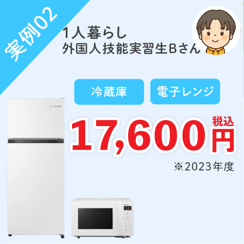 実例０２：一人暮らしの外国人実習生Bさんの場合　冷蔵庫、電子レンジがセットで17,600円（税込）※2023年度